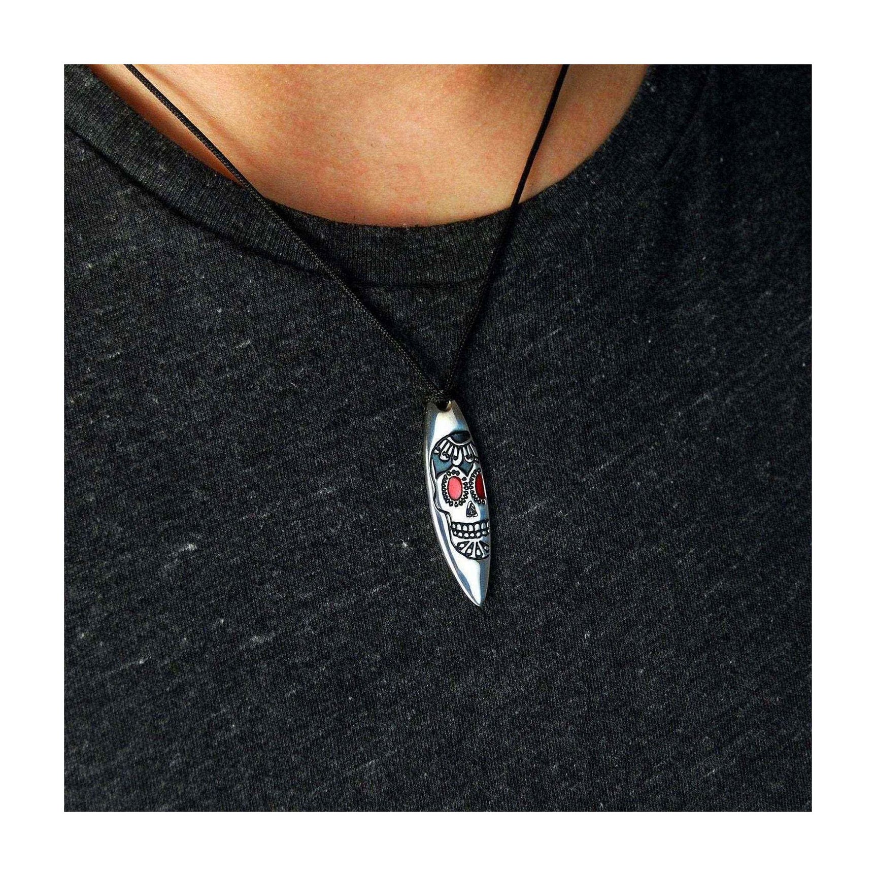 Silver+Surf silver jewelry surfboard with skull