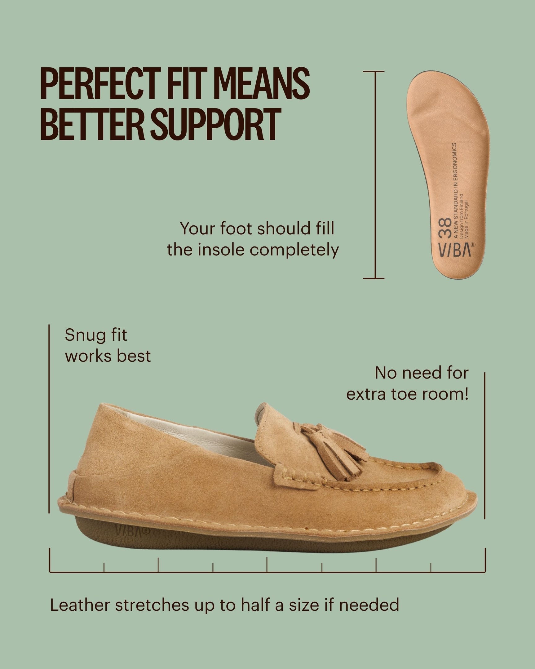 Tan suede loafer with tassel detail, shown from side profile with matching insole and sizing guide.