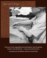 Craftsperson's hands shaping tan suede leather on a work surface.