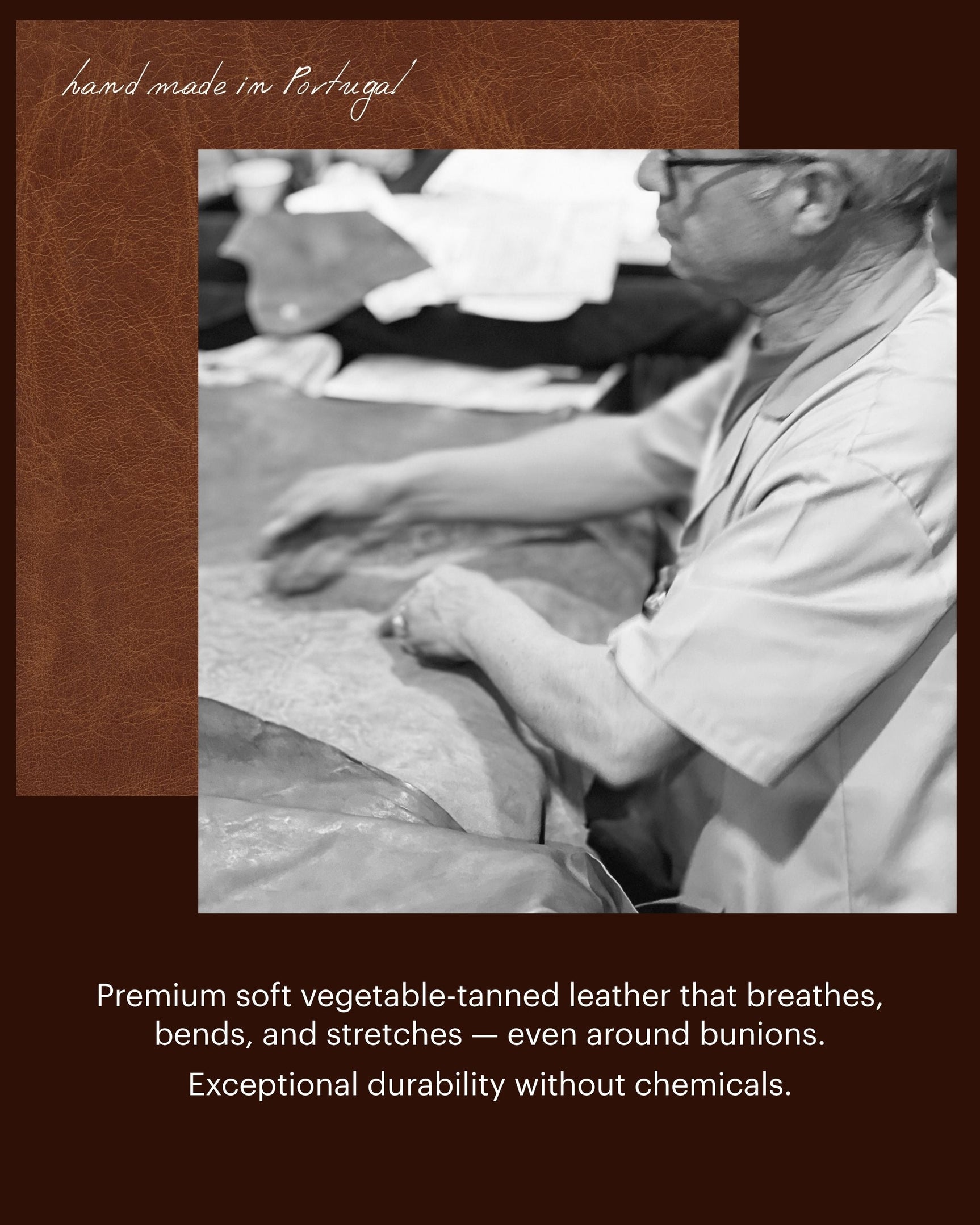 Craftsperson's hands shaping tan suede leather on a work surface.