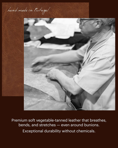 Craftsperson's hands shaping tan suede leather on a work surface.